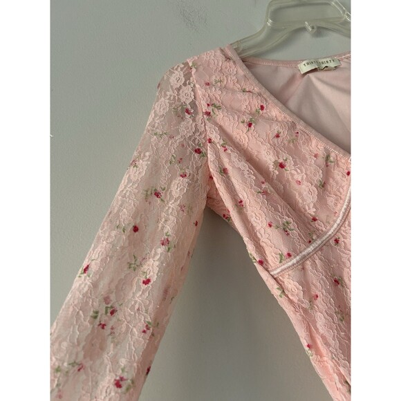 Thirty Thirty Pink Floral Rose Lace Top Mesh Sleeve Bow Detail Coquette Size S - Picture 11 of 11
